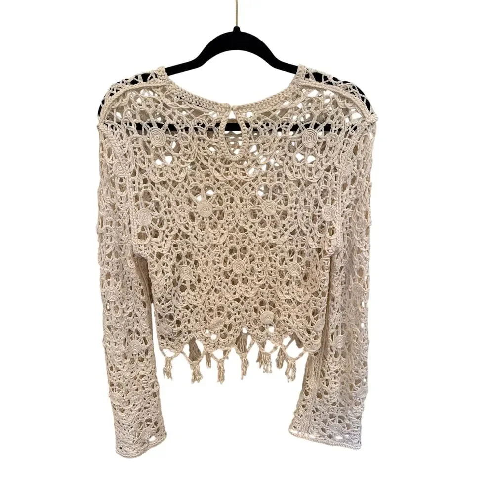 Zara Cream Crochet Open Knit Sweater Top Floral Fringe Boho Long Sleeve